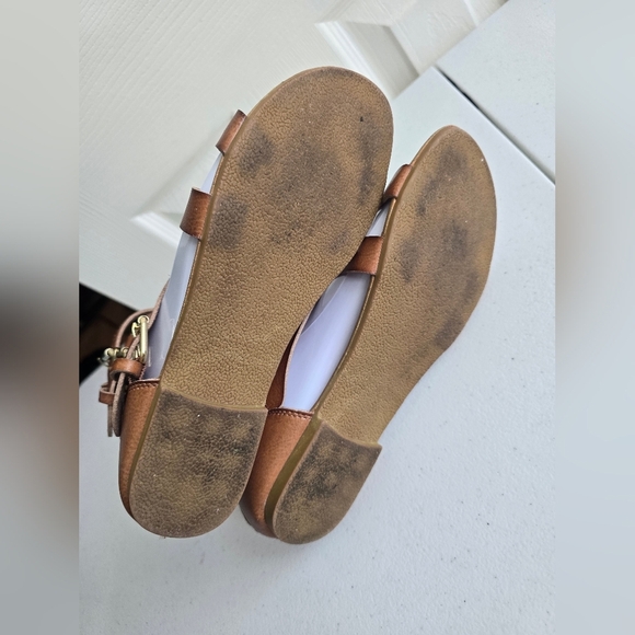 JustFab Tan Strappy Sandals with Gold Buckles No Size - Picture 6 of 6